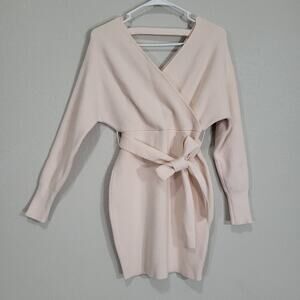 Zesica Sweater Dress Women S Pink Knit Ribbed Long Sleeve V Neck Belted Short